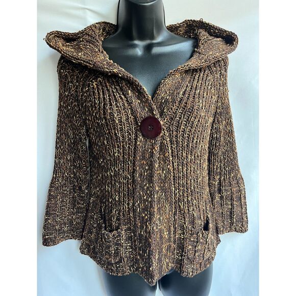 BCBG Max Azria Y2K Chunky Knit Brown Cardigan Sweater S Hooded Retro 3/4 Sleeve - Picture 1 of 12